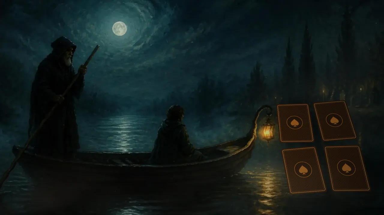 A ferryman poles a boat across a black river under the moon, a lantern burning at the bow. Four playing cards float above the water.